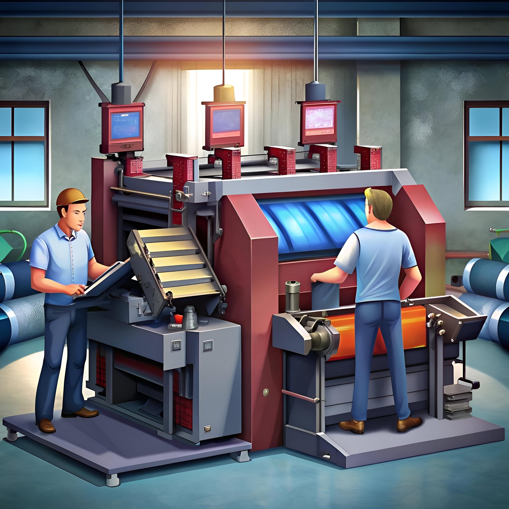 Two technicians operate a large industrial printing press. showcasing the intricate process of modern manufacturing. This illustration is perfect for depicting production. industry. and technology.