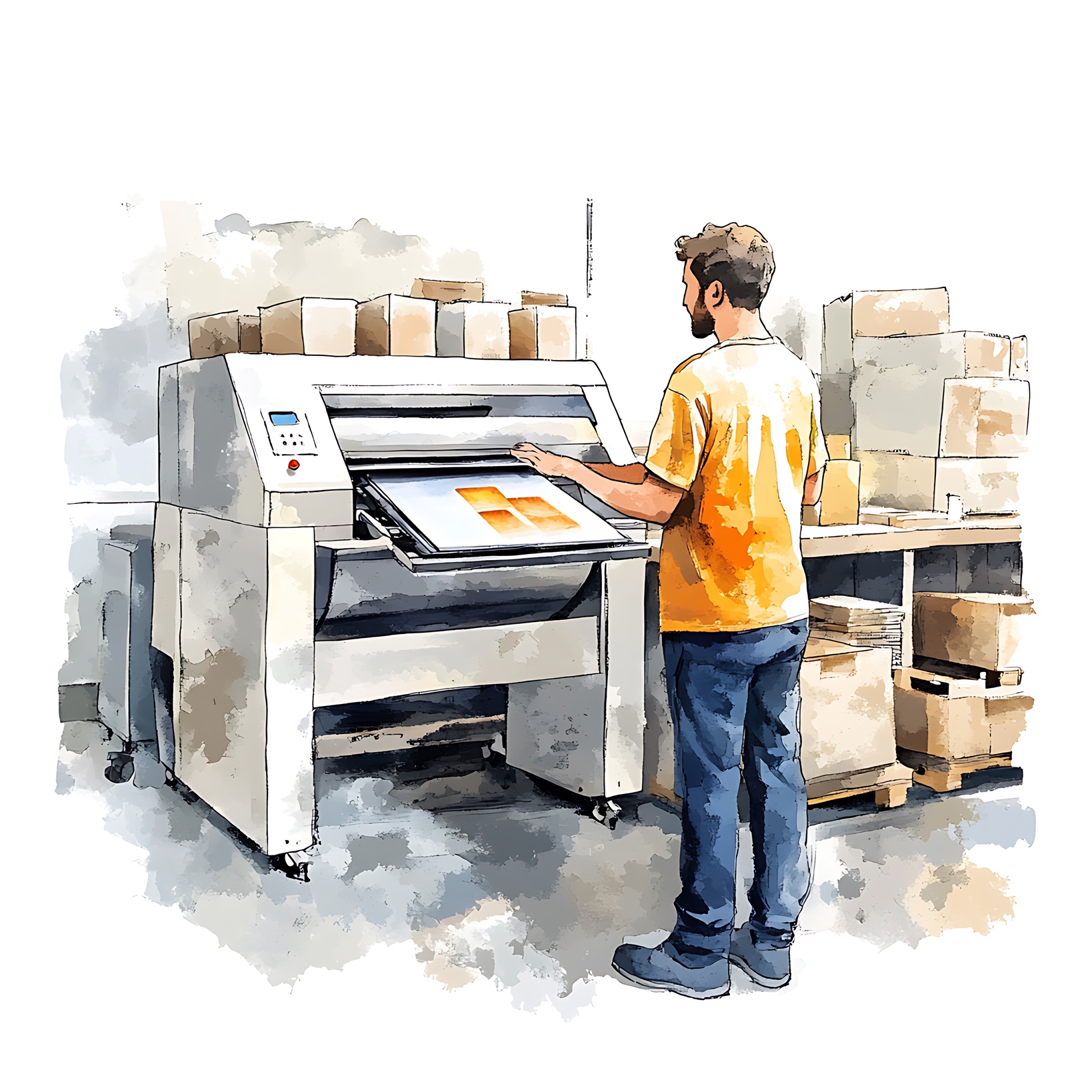 This illustration depicts a man operating a large industrial printing press in a warehouse setting. The scene is captured in a watercolor style and conveys the energy and complexity of modern manufacturing processes. It is perfect for illustrating articles on industry, technology, and graphic design.